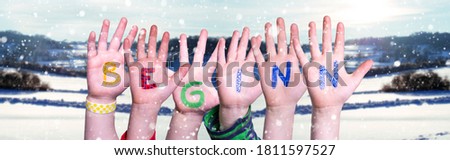 Children Hands Building Word Beginn Mean Beginning, Snowy Winter Background