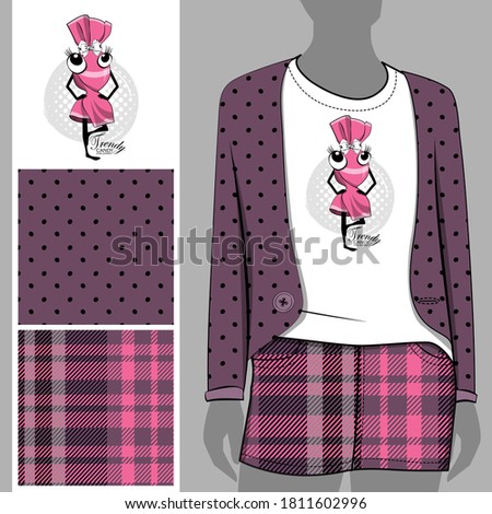 Set of seamless pattern and vector funny candy-girl. Illustration of cartoon dessert. Print on T-shirts, bags and other fashion products. 