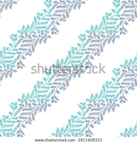 Jacquard effect wild meadow grass seamless vector pattern background. Blue white backdrop of leaves in elegant diagonal stripe geometric damask design. Botanical baroque foliage all over print