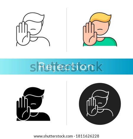 Rejection icon. Negative response, denial, offer refusal. Forbiddance, displeasure and disapproval. Linear black and RGB color styles. Person showing stop gesture isolated vector illustrations Royalty-Free Stock Photo #1811626228