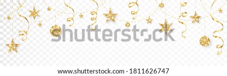 Holiday decoration, gold glitter border. Festive vector background isolated on white. Golden ornaments, garland with stars. For Christmas and New Year banners, headers, birthday and wedding cards. Royalty-Free Stock Photo #1811626747