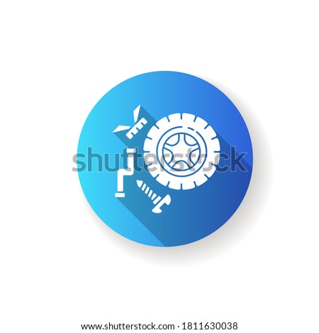 Spare parts blue flat design long shadow glyph icon. Industrial production process, car maintenance. Automobile repair service. Wheel and mechanical parts silhouette RGB color illustration