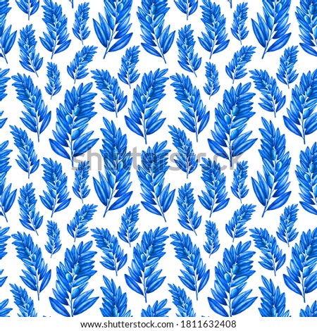 Cobalt olive branches pattern. Watercolor olive branches and leaves seamless pattern. Clip art isolated on white background.