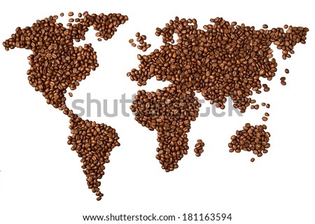 World map made of cofee beans, iso;ated on white