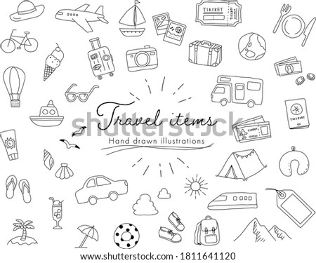 Set of hand drawn illustrations of travel items