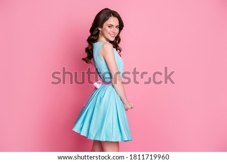 Profile photo of curly charming lady festive clothes event prom party good mood night club photographing short skirt wear blue teal mini dress isolated pastel pink color background