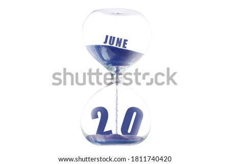 june 20th. Day 20 of month, Hour glass and calendar concept. Sand glass on white background with calendar month and date. schedule and deadline summer month, day of the year concept.