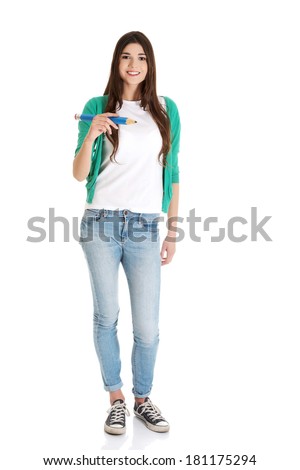 Thoughtful attractive student woman with big pencil