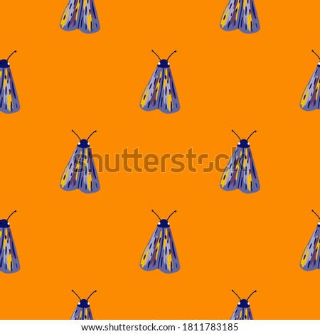 Bright minimalistic seamless moth pattern. Blue and prple colored butterflies on orange background. Decorative backdrop for wallpaper, textile, wrapping paper, fabric print. Vector illustration.