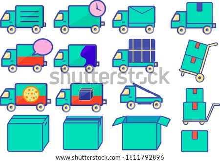Illustration set of courier truck and cardboard box