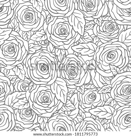 Rose seamless pattern, Flower bud and leaf hand drawn line black and white. For fabric design, textile print, wrapping paper, background greeting cards, invitations, wedding, birthday, Valentine's Day
