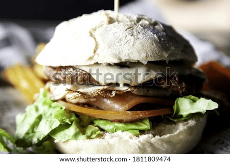 Hamburger with egg and whole tomato, fast food, beef