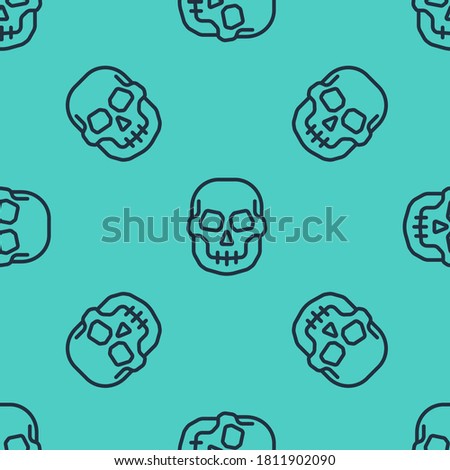 Black line Skull icon isolated seamless pattern on green background. Happy Halloween party.  Vector