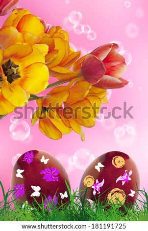 Easter.Eggs and Bouquet Flower Tulip.Spring Holiday 