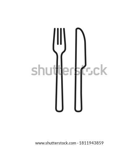 Fork and knife icon flat vector illustration. Flat thin outline restaurant cutlery for dining isolated on a white background designed for pub, cafe, and food court symbol or logo. You can edit line V3 Royalty-Free Stock Photo #1811943859