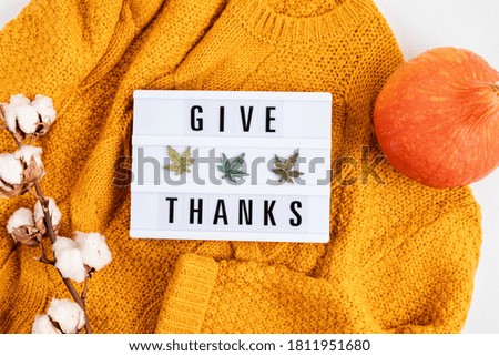 Thanksgiving flat lay composition. Lightbox with the phrase Give thanks. Autumn holidays, fall concept. Mockup, top view, copy space