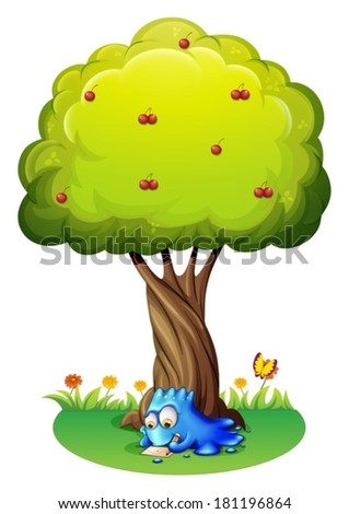 Illustration of a monster writing under the tree on a white background