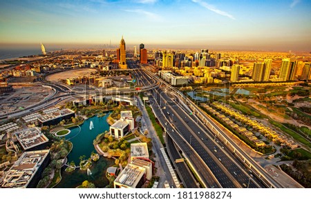 Dubai Downtown in the Evening View at United Arab Emirates 