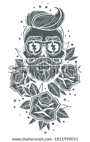 Hipster skulls roses set. Indie barber dark face tattoo symbol skeleton. Head with modern hairstyle. Vector illustration