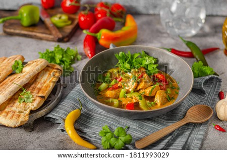 Spicy indian meal with meat, vegetable and bread