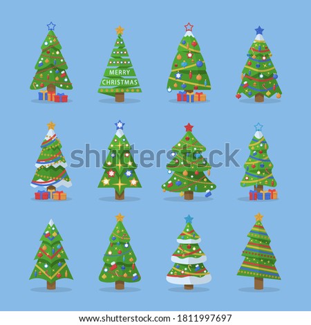 Set of Christmas trees. New Years and xmas traditional symbol tree with garlands, light bulb, star. Winter holiday. Vector illustration, EPS 10.