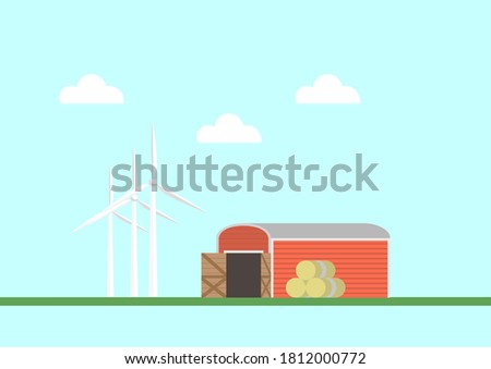 Red barn with bales of hay and wind generators nearby. Vector illustration in flat style.