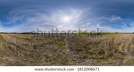 full seamless spherical hdri panorama 360 degrees angle view on among fields in summer day with awesome clouds in equirectangular projection, ready for VR AR virtual reality content
