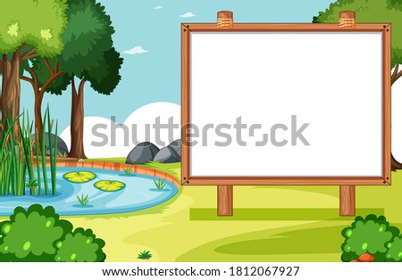Blank wooden frame in nature park scene with swamp side illustration