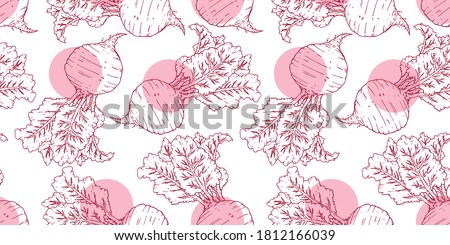 vector illustration sweet tasty purple red beet root repeat seamless pattern doodle cartoon style. Great for fabric packaging wallpaper Royalty-Free Stock Photo #1812166039