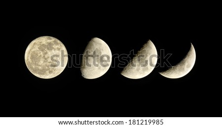 Lunar phase. Waxing Moon. Set of four pictures.