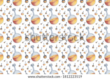 Seamless pattern of flasks with potion for Happy Halloween. Hand drawn watercolour painting on orange clip art graphic elements for creative design, printable decor, textiles, wrapping paper.