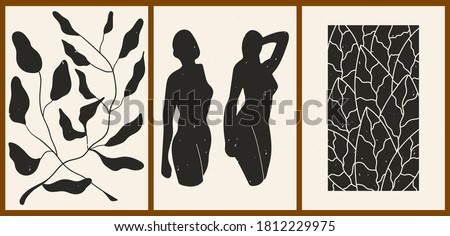 Set of three abstract minimalist aesthetic backgrounds with thin lines, floral patterns, plants, woman. Trendy colorful vector illustration for social networks, web design in vintage boho style. Royalty-Free Stock Photo #1812229975