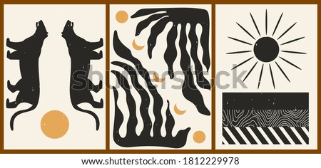 Set of three abstract minimalist aesthetic backgrounds with sun, moon, thin lines, patterns, tiger, plant. Trendy colorful vector illustration for social networks, web design in vintage boho style. Royalty-Free Stock Photo #1812229978