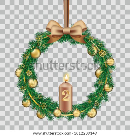 Second Advent wreath with green branches and golden baubles  on the checked background. Eps 10 vector file.