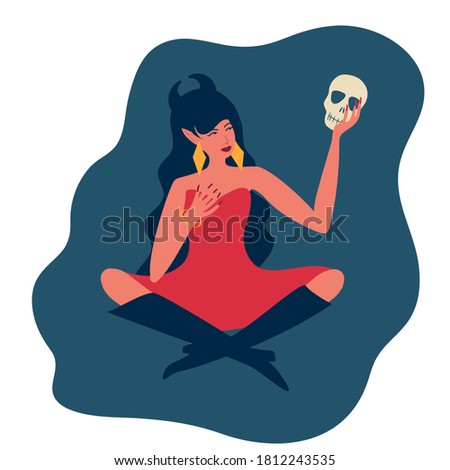  A beautiful witch girl with a skull in her hands. Design for Halloween, invitations, greeting cards, posters, banners, advertising. Vector flat illustration. 