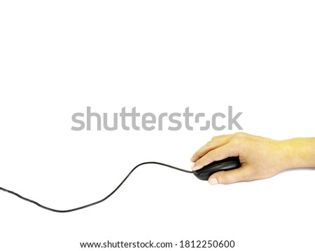 Right hand clicking computer mouse on white background.Far distance view