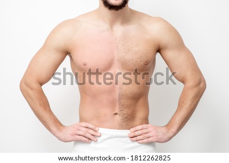 Young caucasian man with bare chested before and after waxing his hair stands on white background Royalty-Free Stock Photo #1812262825