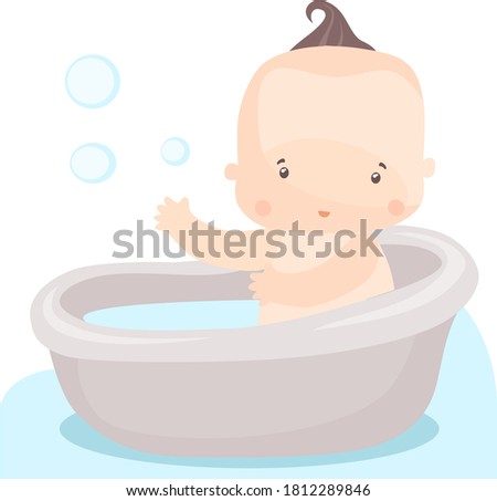 vector image of a joyful little child who bathes while sitting in a small gray bath stock isolated illustration in cartoon style for printing on postcards, websites, books, store advertisements