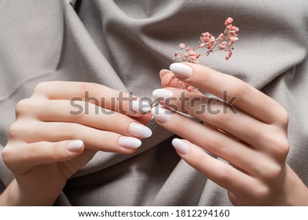 Female hands with white nail design. Female hands holding pink autumn flower. Woman hands on beige fabrick background. Royalty-Free Stock Photo #1812294160