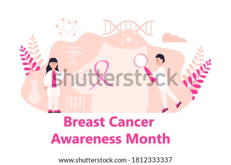 National Breast Cancer Awareness Month (NBCAM) celebrated in America. Flat concept vector for banner, poster. Tiny doctors treat breast cancer. Pink ribbon is on the female body.