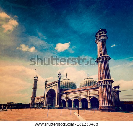 Vintage retro hipster style travel image of Jama Masjid - largest muslim mosque in India with grunge texture overlaid. Delhi, India Royalty-Free Stock Photo #181233488