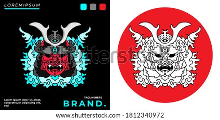 Cool monster samurai head illustration for poster, sticker, or apparel merchandise.With tribal and hipster style.