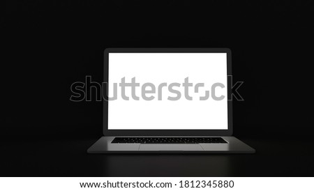 Laptop with blank screen isolated on black background, white aluminium body. Whole in focus. High detailed. 3d illustration.