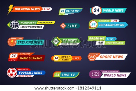 TV news bars set. Breaking, ultra HD, live, world, 24 hours, special report, today exclusive, sport, name surname reporter banners of lower third, strip titles. Vector collection isolated on blue. Royalty-Free Stock Photo #1812349111