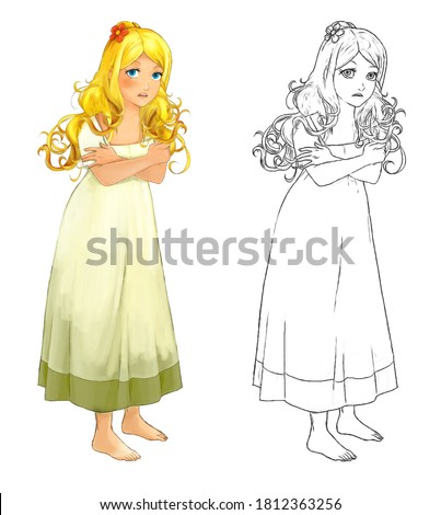 cartoon sketch scene with beautiful princess on white background - illustration for children