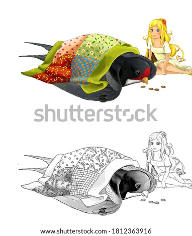 cartoon fairy tale female character - tiny elf girl flying and a cuckoo bird - illustration for children