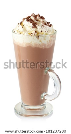 Glass of hot chocolate with whipped cream isolated on white background
