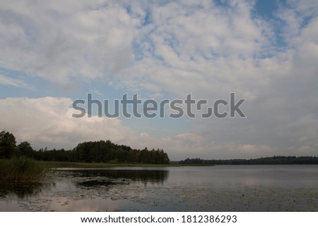 Vast lake landscape with calm water, water lilies and soft clouds in the sky reflecting in the water.