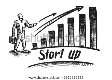 Business sketch. Business man and growing chart vector hand drawn sketch illustration on white. Entrepreneur give investment graph, economic diagram, profit progress, finance startup presentation