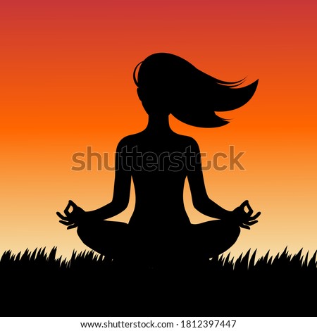 Woman performing yoga on the grass in front of sunrise vector illustration.